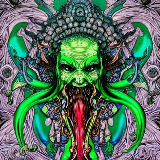 Image similar to 4 k colored headshot of godlike cthulhu with defined arms and open hands and bloody clothes with giant mandala wings, intricate face, flawless anime cel animation by kentaro miura, psychedelic, highly detailed upper body, professionally post - processed, beautiful, scary, symmetry accurate features, epic, octane rendered, anime masterpiece, accurate