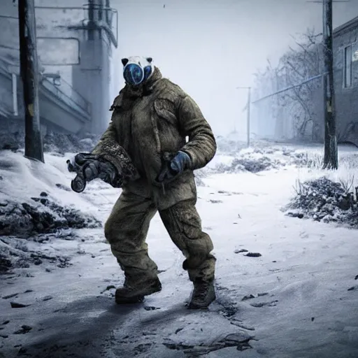 Image similar to polar bears wearing gas mask bleeding from eye sockets set in escape from Tarkov, stencil, traditional, dystopian, depth of field, physically based rendering, pbr render, very detailed, volumetric lighting, octane render