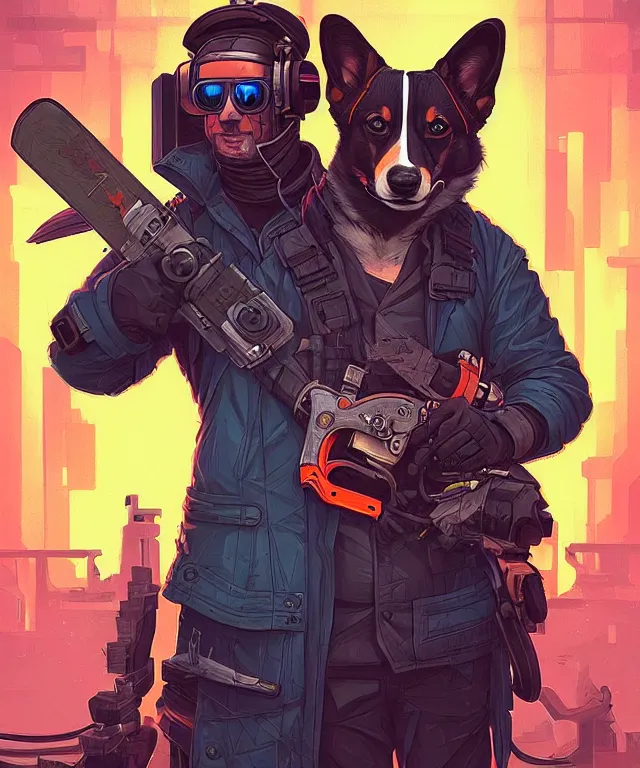 Image similar to a portrait of a cyberpunk corgi holding a chainsaw, fantasy, elegant, digital painting, artstation, concept art, matte, sharp focus, illustration, art by josan gonzalez