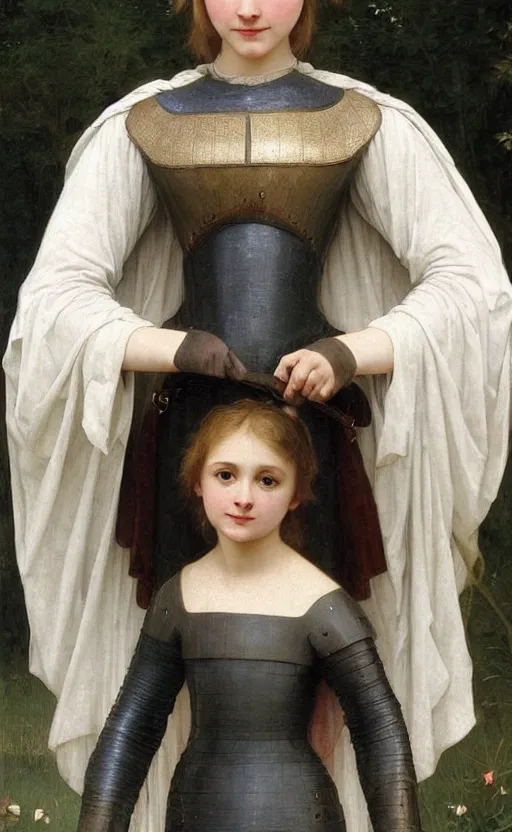 Image similar to annasophia robb bowl haircut medieval armour, bouguereau