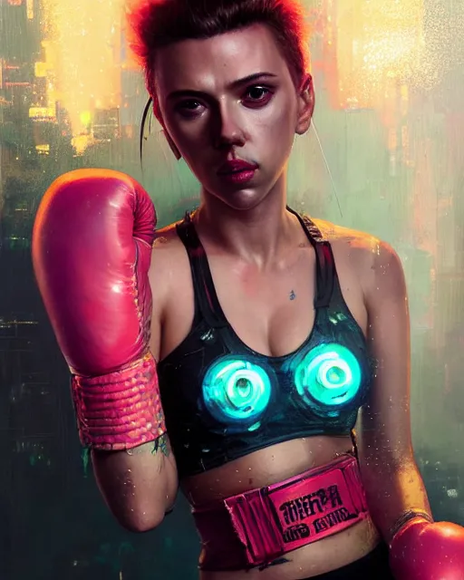 Image similar to detailed portrait Scarlett Johansson, cyberpunk futuristic neon, reflective crop top and shorts, boxing gloves, decorated with traditional Japanese ornaments by Ismail inceoglu dragan bibin hans thoma greg rutkowski Alexandros Pyromallis Nekro Rene Maritte Illustrated, Perfect face, fine details, realistic shaded, fine-face, pretty face