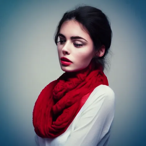 Image similar to beautiful woman wearing a red blouse, blue jeans, scarf. hyperrealistic