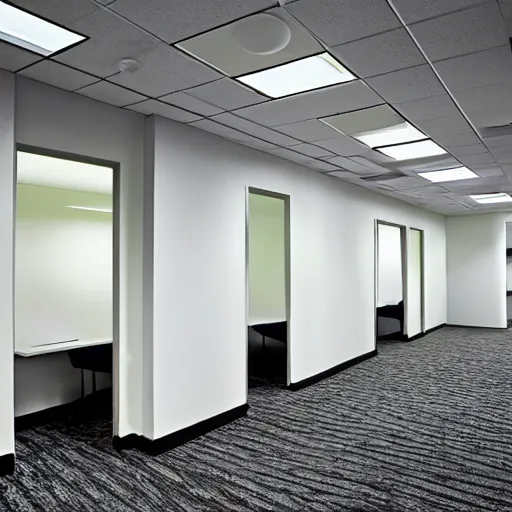 Image similar to the backrooms : an endless maze of randomly generated office rooms and other environments. it is characterized by the smell of moist carpet, walls with a monochromatic tone of dirty off - white, 1 9 8 0's style carpeted walls and buzzing fluorescent lights % 5 0 working, general sense of run down and abandonment, pee stains on walls