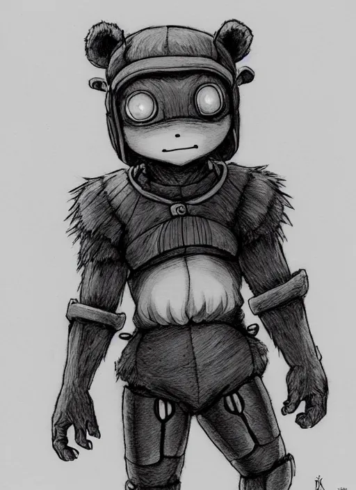 Image similar to beautiful little boy wearing an cyborg bear suit, artwork in kentaro miura and made in abyss and rosdraws, smooth, beautiful lightness, anatomically correct, trending on pixiv, forest