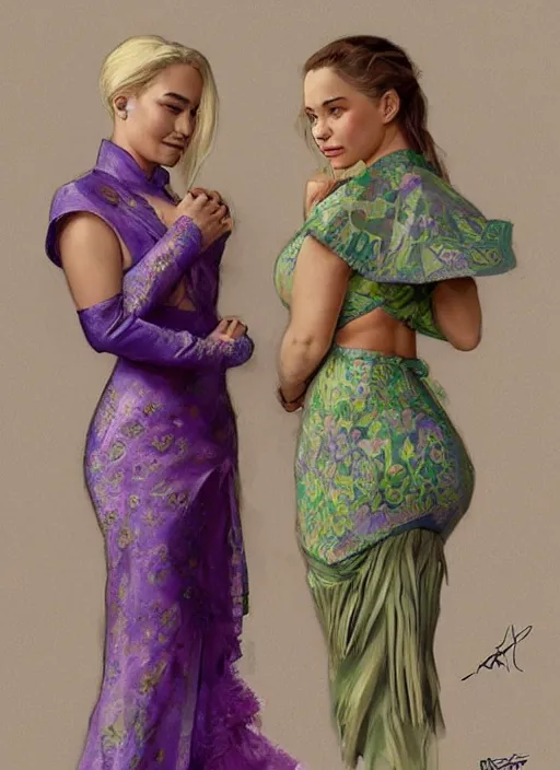 Image similar to lindsey pelas and emilia clarke wearing a green kebaya with purple sash, digital painting, artstation, concept art, sharp focus, illustration, art by artgerm and greg rutkowski and alphonse mucha