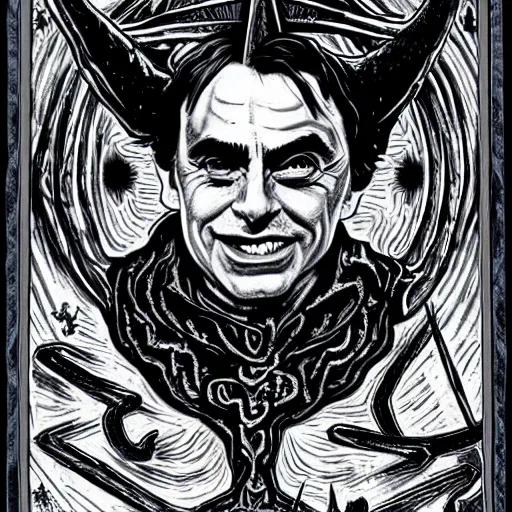 Prompt: Satanic Carl Sagan, Dark lord of Hell. Portrait. Evil personified. Occult. Tarot. Upside Down Pentagram. horns. flames. hyper realistic