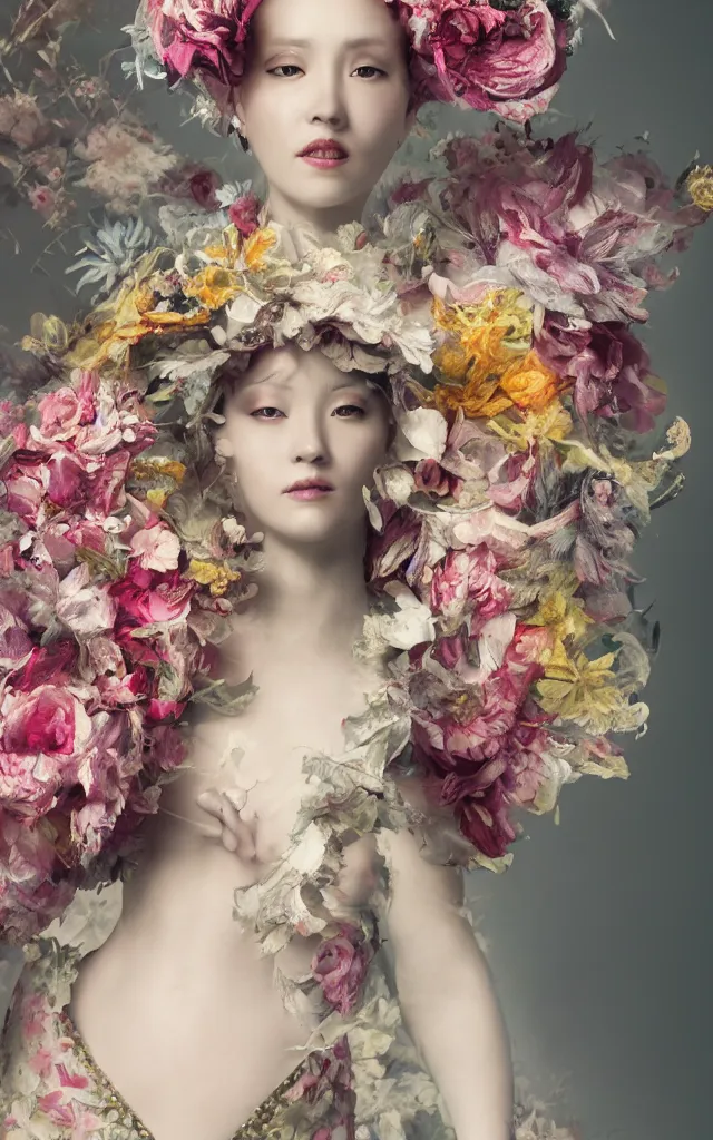 Image similar to an empress portrait, with a brilliant impossible striking big flower headpiece, clothes made entirely out of flowers, rococo, baroque, vogue, rim light, asian, epic art, realistic, wlop style, insane detail, octane render, 8k, fantasy, diva