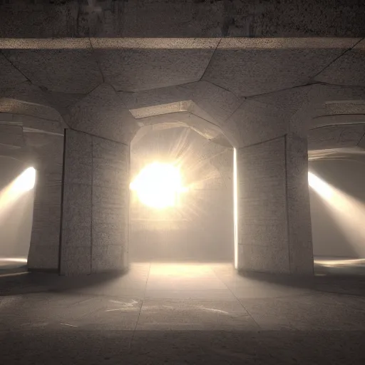 Prompt: three open portals to different dimensions hyper realism fantasy sci - fi ray tracing octane render god rays