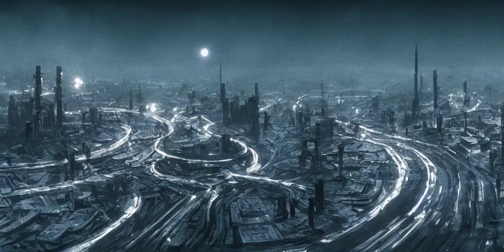 Prompt: cinematic shot of a city in the moon's hollow, russian orbit city cityscape, telephoto, iconic scene from the paranoid thriller sci fi film directed by stanley kubrick, anamorphic cinematography, beautiful composition, color theory, leading lines, photorealistic, moody volumetric lighting