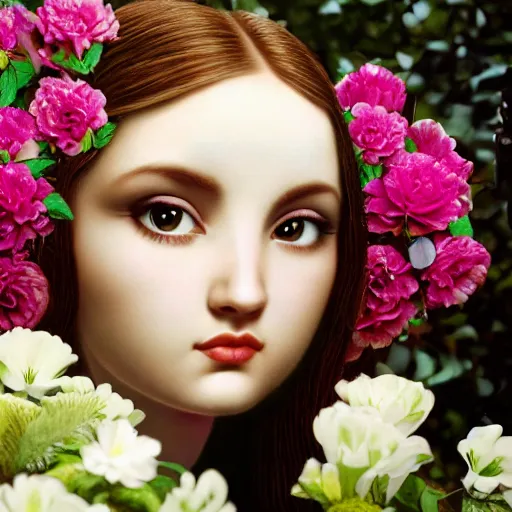 Image similar to a 3 d close up image of a beautiful young women looking at the camera surrounded by lush flowers mark ryden camera, pop