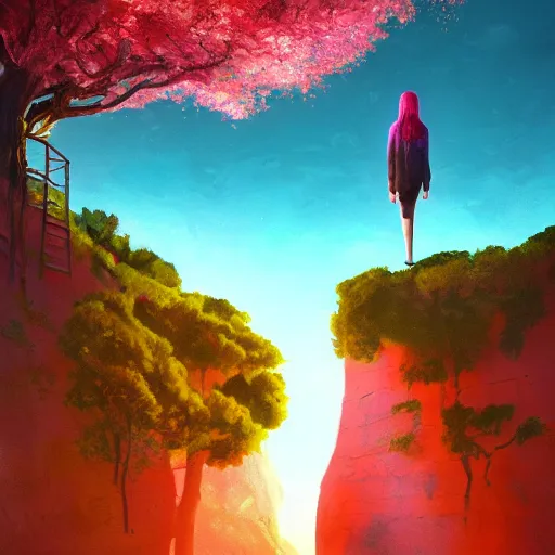 Prompt: giant cherry tree as a head, girl walking in a canyon, surreal photography, sunrise, dramatic light, impressionist painting, colorful clouds, digital painting, artstation, simon stalenhag