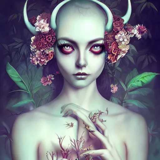 Image similar to of a woman, surreal Portrait inspired by Natalie Shau, Anna dittmann, plants growing on the head, horns,cinematic