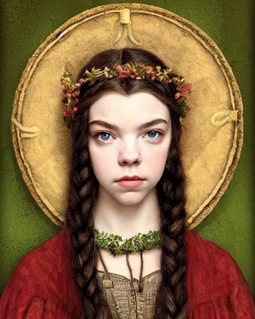 Image similar to anya taylor - joy medieval portrait, druid ranger, delicate detailed medieval portrait in the style of eugene de blaas, perfect face