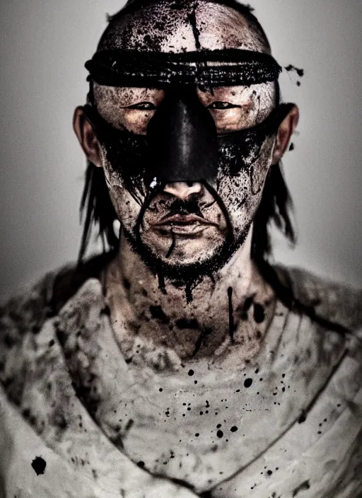 Image similar to samurai portrait photo, wearing all black mempo mask, after a battle, war scene, dirt and unclean, extreme detail, cinematic, dramatic lighting render, extreme photorealism photo by national geographic, paolo roversi, masterpiece