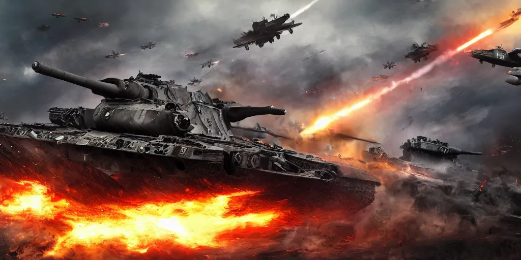 Image similar to World war 3, Huge battle, explosions, epic fight, shockwave, cinematic battle, vast, sense of scale, trending on art station, tanks, planes, bombers, infantry 8k