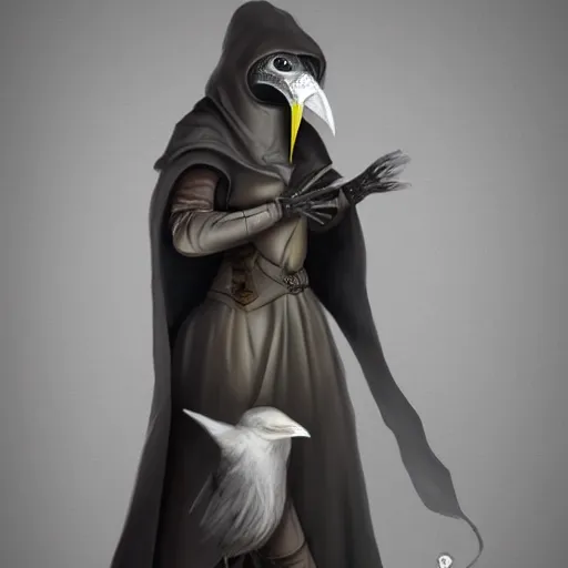 Image similar to female plague doctor donning a black hood, steel knightly armor and a white crow mask, trending on artstation