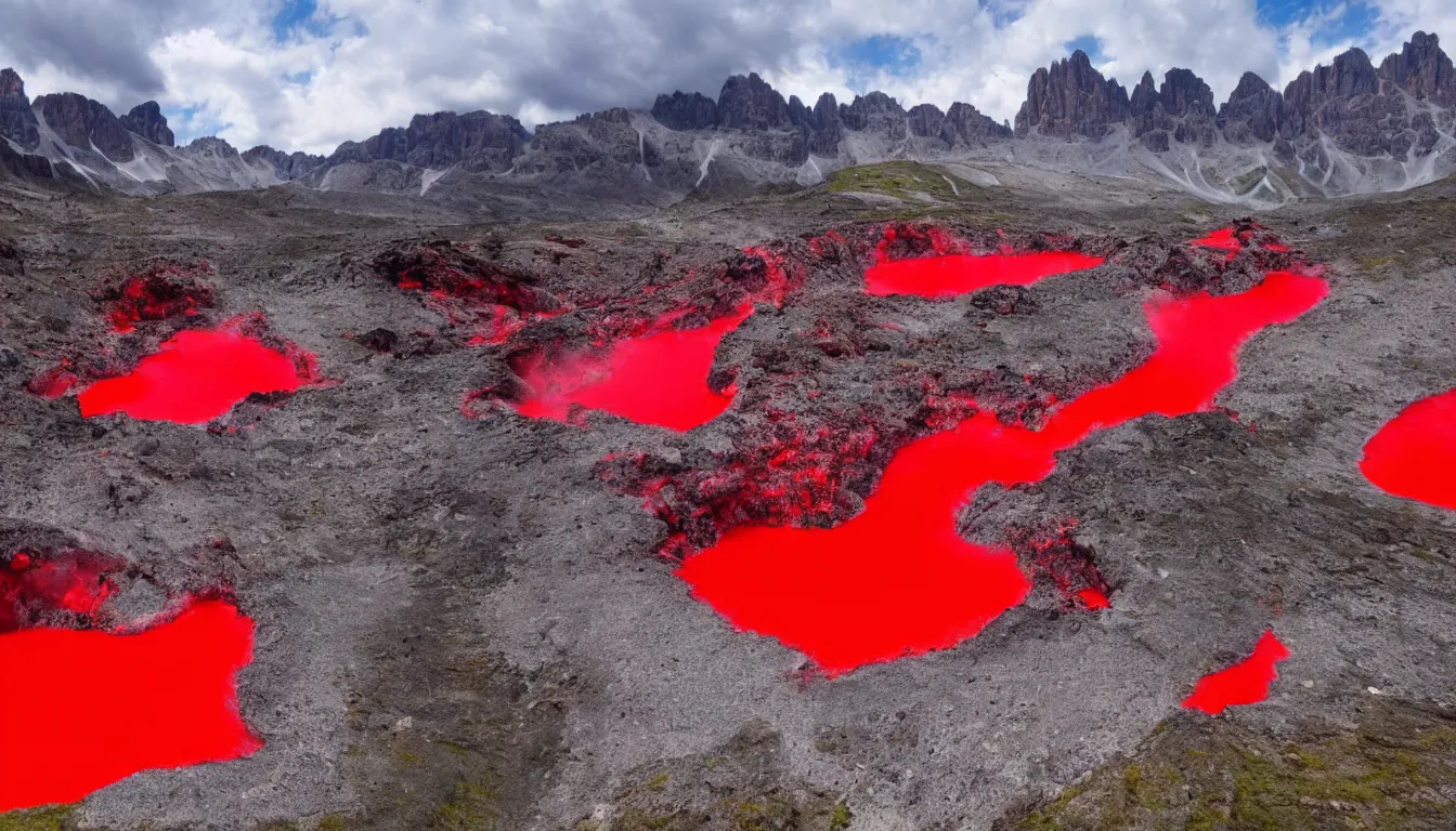 Prompt: red steaming lava lake in the dolomites mountains