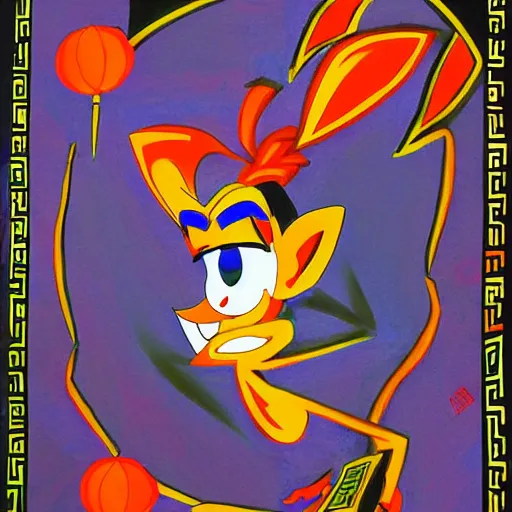 Prompt: crash bandicoot in the style of Ke Jiusi (柯九思), Chinese painter, calligrapher and poet, enhance colors