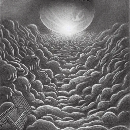 Image similar to surrealism drawing of the end of the world., horror,