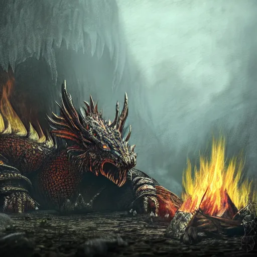 Image similar to Ancient Dragon boss from dark souls 2 sleeping near a camp fire, evening time, fog, heavy rain, rain water reflections in ground, digital illustration, crisp details, highly detailed art, 8k image quality, full body camera shot