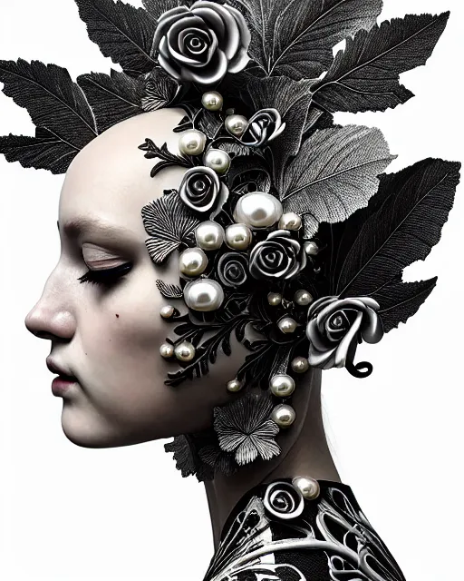 Prompt: masterpiece monochrome profile portrait painting, dutch masters, silver lace floral steampunk biomechanical beautiful one techno eye young female cyborg, big monocular, volumetric light, leaves foliage and stems, hibiscus flowers, alexander mcqueen, rim light, big gothic fashion pearl embroidered collar, 8 k