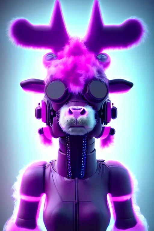 Prompt: high quality 3 d render cyberpunk very cute cyborg fluffy! cow hybrid!, highly detailed, unreal engine cinematic smooth, in the style of blade runner & detective pikachu, hannah yata charlie immer, purple neon light, low angle, uhd 8 k, sharp focus