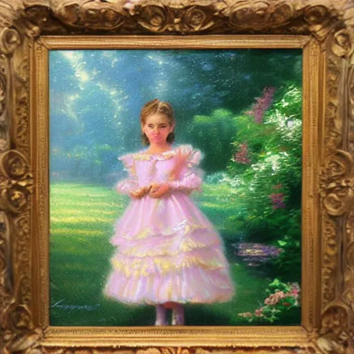 Prompt: a little girl in a ruffled dress, oil painting in style of Thomas Kinkade