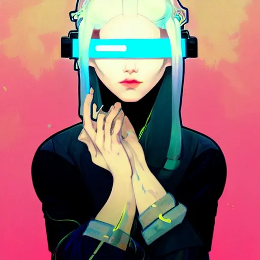 Prompt: a beautiful painting of a white hair cyberpunk blindfolded girl by sachin teng and pascal blanche and alphonse mucha! and ruan jia! and josan gonzalez!. in style of conceptual art. colorful comic, film noirs, akira, brush stroke, vibrating colors, hyper detailed. octane render. trending on artstation