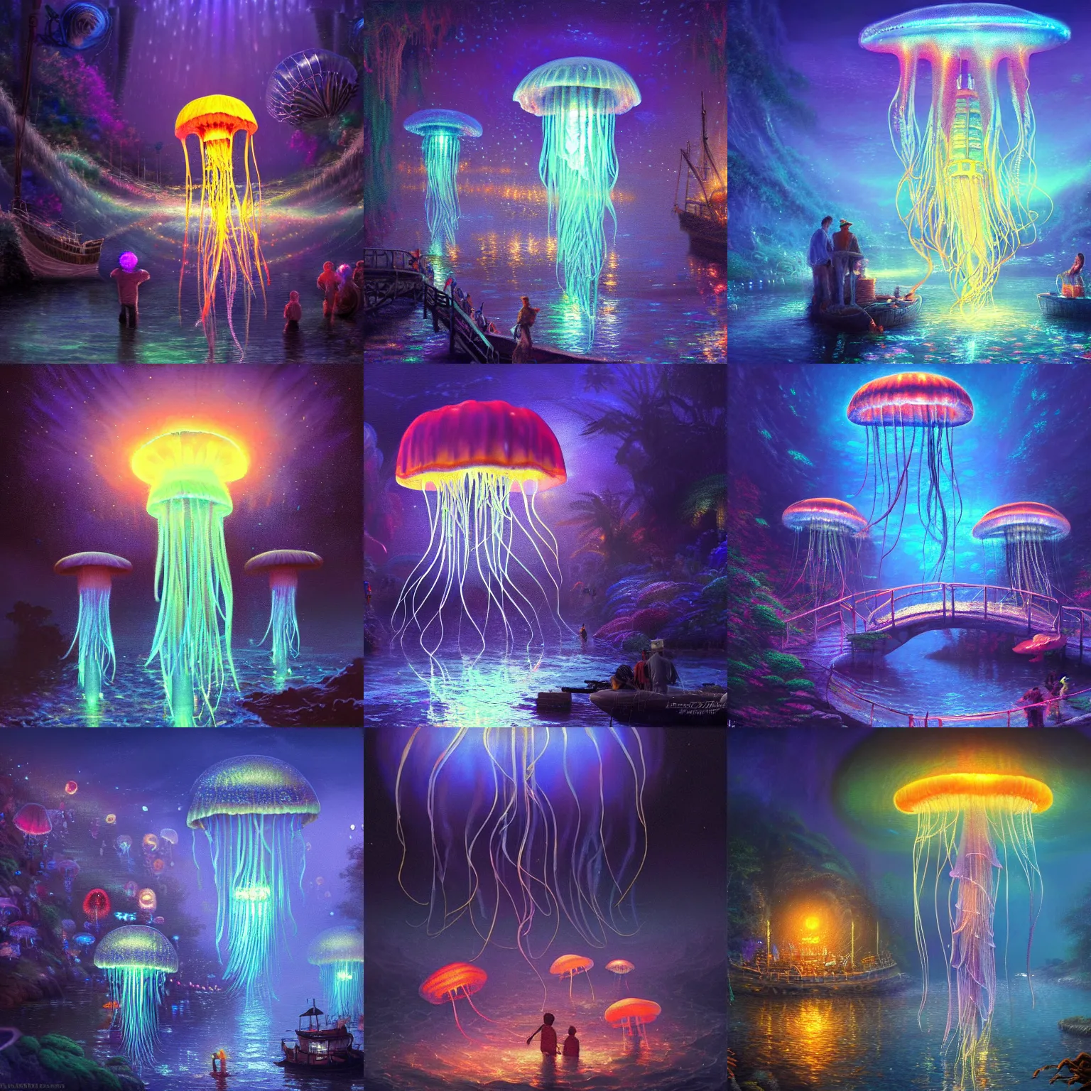 Prompt: glowing jellyfish immigration under a river, evocative, mystical night, detailed, award - winning, trending on artstation artwork by thomas kinkade,