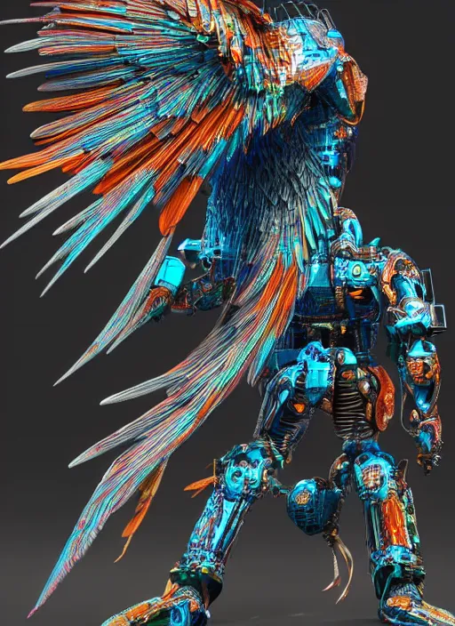 Image similar to / imagine a 3 d render of a huge robot with feathered wings attached to its back. saturated colors, ultra detailed, hyper realistic, intricate, japanese, futuristic,