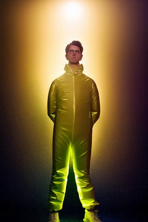 Image similar to un ultra high definition studio quality photographic art portrait of a young man standing on the rooftop of a british apartment building wearing opaque soft inflatable padded iridescent refractive clothing. three point light. extremely detailed. golden ratio, ray tracing, volumetric light, shallow depth of field. set dressed.