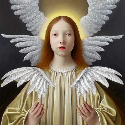 Image similar to highdetailed hyperrealistic painting of white angel!!! no gender smiling noface!!!, light instead of hands, white sparkles everywhere, 4 k hd face!!!, big silver high detailed wings!!!, renaissance, by jan van eyck, holography space, glow effect, large strokes, monochrome!!!!!, digital painting