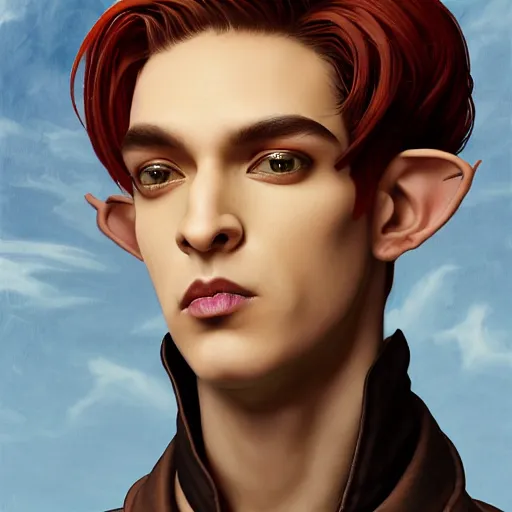 Prompt: a beautiful and androgynous half - elf with messy short red hair and dark skin tone and feline features and yellow eyes with slit pupils, wearing a colorful men's suit, dnd character, realistic digital painting by kehinde wiley and ross tran and gerald brom and fernando amorsolo and alphonse mucha, trending on artstation