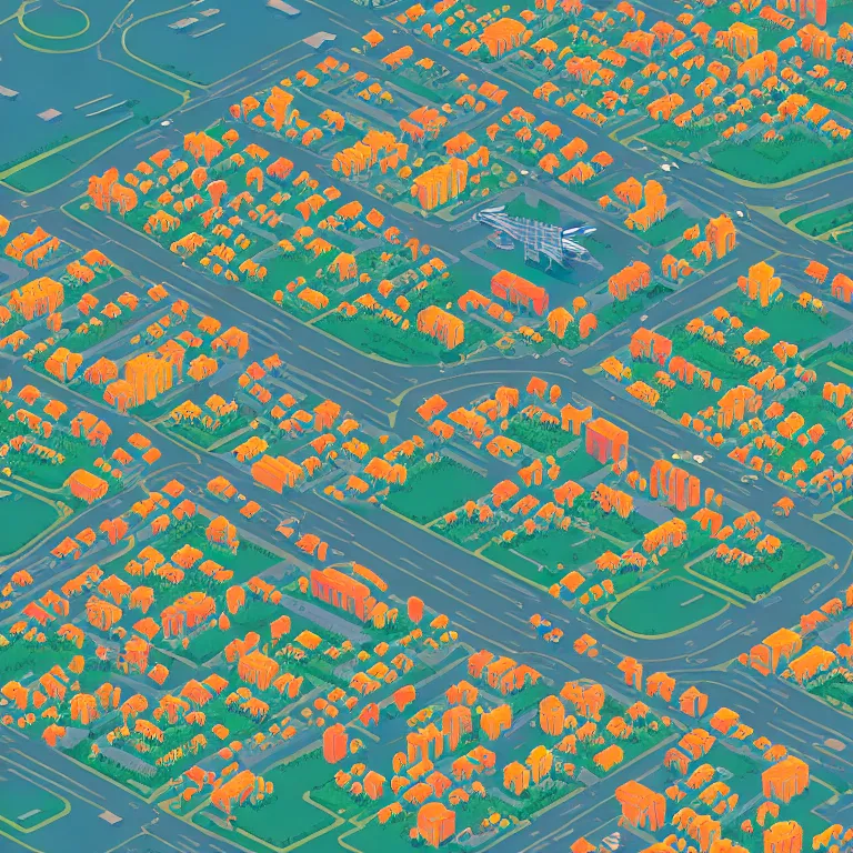 Image similar to isometric view illustration of Moscow suburbs, highly detailed, by James Gilleard and Bruce Pennington