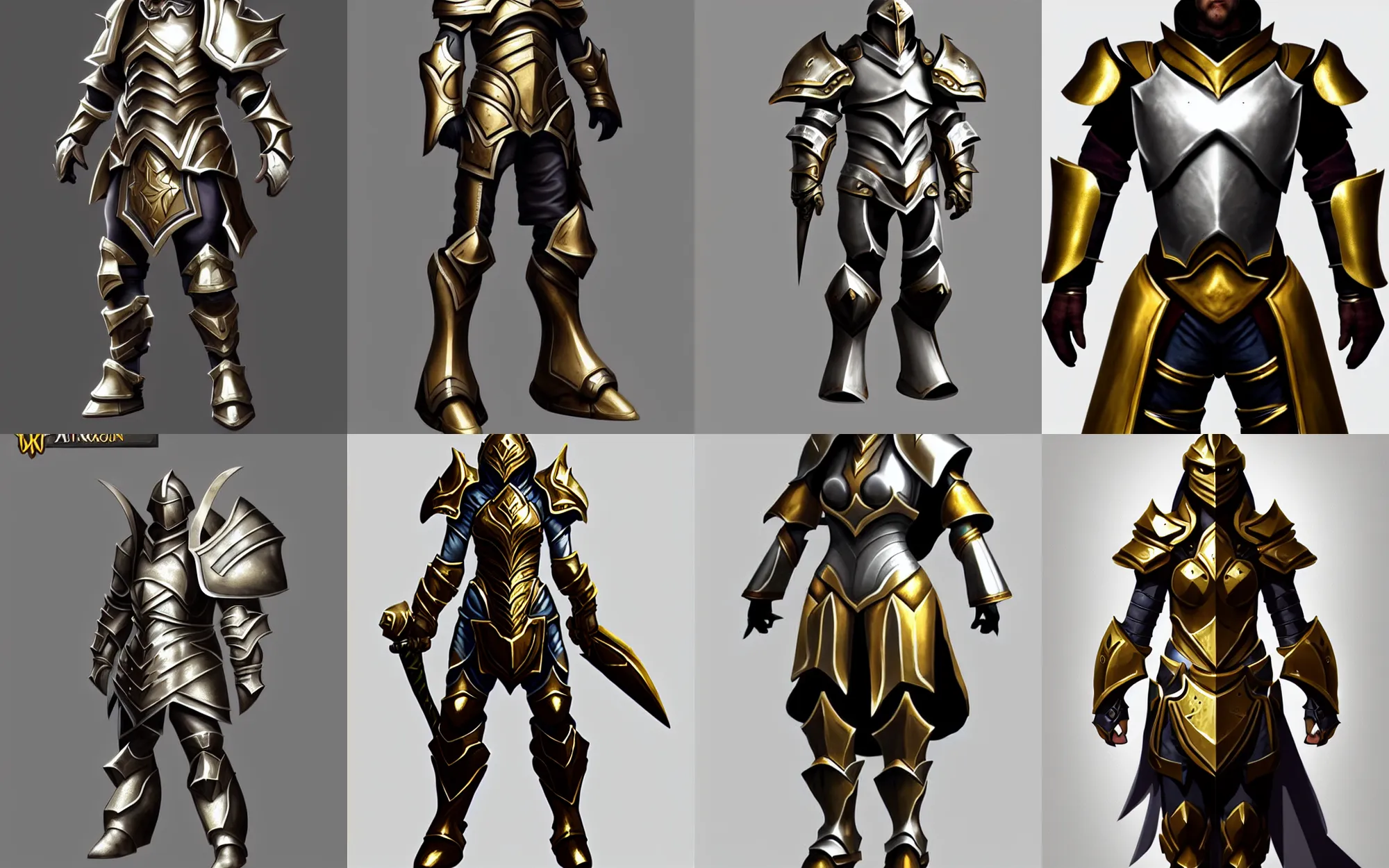 Prompt: epic paladin armor, stunning character art, trending on artstation, silver, gold trim, smooth shading, extremely clean, uncluttered, high quality, exaggerated proportions, very professional