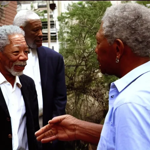 Prompt: morgan freeman meeting morgan freeman, sharp focus