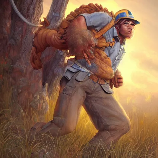 Image similar to clear portrait of miner male, adorable appearance!!!, golden hour, happy apearance, cottagecore!!, background hyper detailed, character concept, full body, dynamic pose, intricate, elegant, highly detailed, digital painting, artstation, concept art, smooth, sharp focus, illustration, art by artgerm and greg rutkowski and alphonse mucha