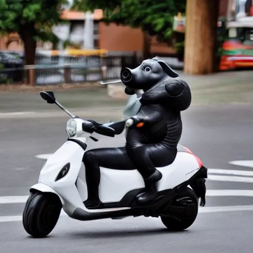 Image similar to a pig riding a scooter