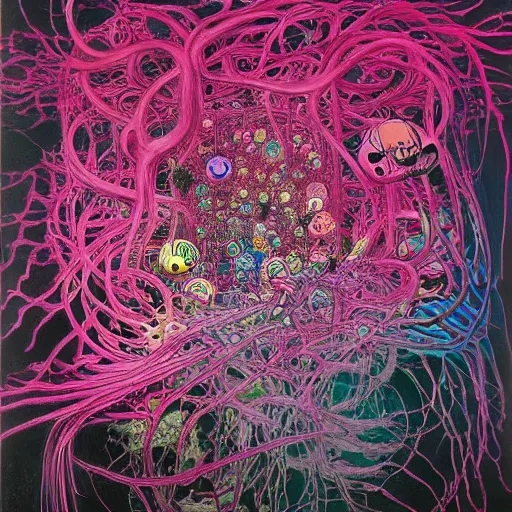 Prompt: Pink Vines by Takashi Murakami, Jean-Michel Basquiat, H.R. Giger, David Choe and Zdzisław Beksiński, incredibly intricately detailed artwork, oil on canvas