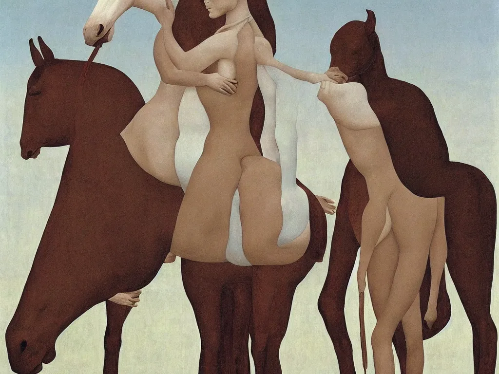 Prompt: Woman embracing horse. Painting by Alex Colville, Piero della Francesca.