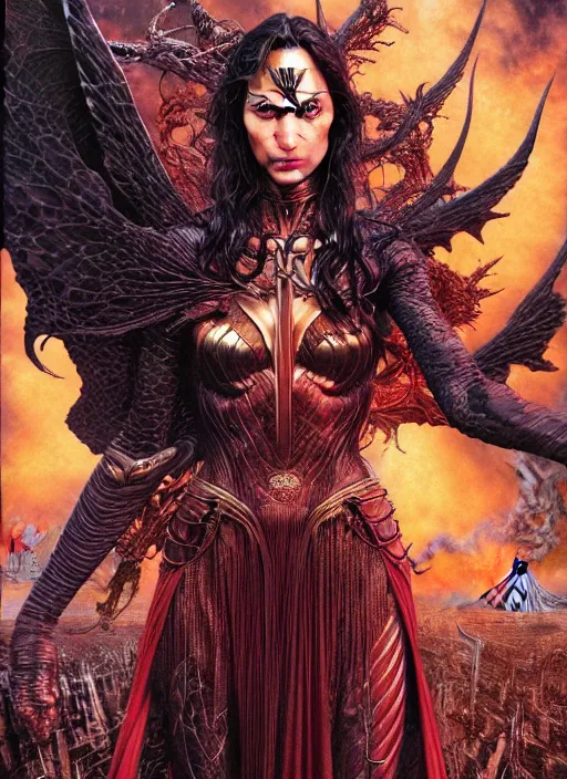 Prompt: realistic detailed image of a Gal Gadot in hell by Ayami Kojima, Amano, Karol Bak, Greg Hildebrandt, and Mark Brooks, Neo-Gothic, gothic, rich deep colors. Beksinski painting. art by Takato Yamamoto. masterpiece