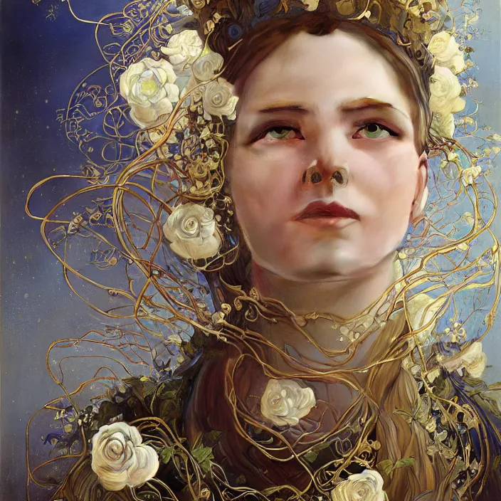 Image similar to hyperrealist portrait of a 2 0 4 4 space sport engineer, it is decorated with long gold wires and white roses that fall like vines and wears a huge computer crown. by jeremy mann and alphonse mucha, fantasy art, photo realistic, dynamic lighting, artstation, poster, volumetric lighting, dramatic light, very detailed faces, 8 k, award winning