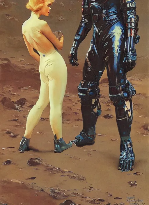 Image similar to martian standing beside elegant lady wearing a latex spacesuit, by norman rockwell, jack kirby, jon berkey, earle bergey, craig mullins, ruan jia, jeremy mann, tom lovell, marvel, astounding stories, 5 0 s pulp illustration, scifi, fantasy