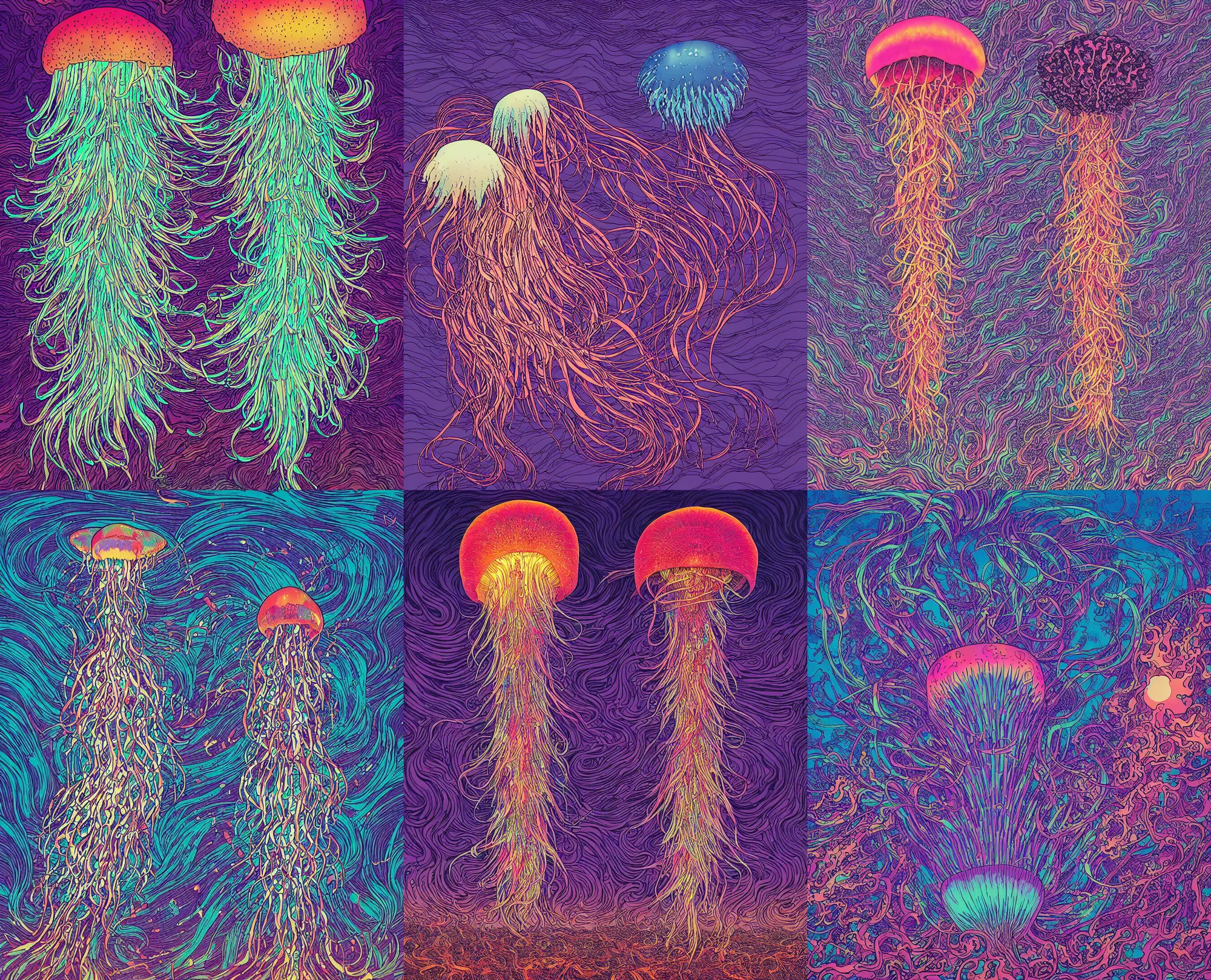 Prompt: iridescent giant jellyfish phoenix soars on the earth scorched by a nuclear apocalypse. Intricate artwork by Aubrey Beardsley and dan mumford and beeple | iridescent