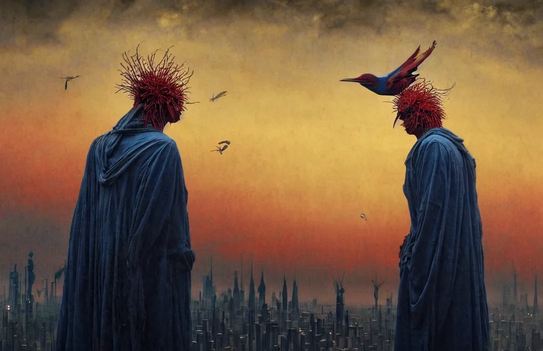 Image similar to realistic detailed portrait movie shot of a birdman in dark ragged robes, futuristic city sunset landscape background by denis villeneuve, amano, yves tanguy, alphonse mucha, ernst haeckel, max ernst, alejandro jodorowsky, masterpiece, rich moody colours, bird head, blue eyes, hyperdetailed