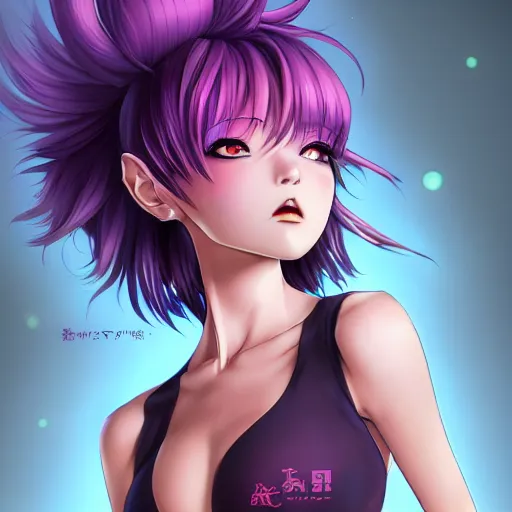 Prompt: rouge anime girl, hourglass slim body, tight tanktop, purple hair; typography; intricate details; soft lighting; high definition; sharp focus; digital art; attractive features; drawn by Hirohiko Araki; trending on artstation; fullbody portrait, made by Stanley Artgerm Lau, WLOP, Rossdraws, James Jean, Andrei Riabovitchev, Marc Simonetti, Yoshitaka Amano, ArtStation