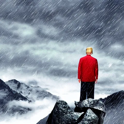 Prompt: donald trump, on top of mountain, rainy day