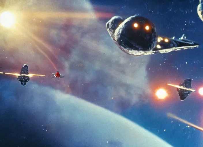 Image similar to a film still of an epic space ufo battle, explosions, colorful, thunderbirds, hbo, 4 k, hd, hyperrealistic, 7 0 mm, christopher nolan