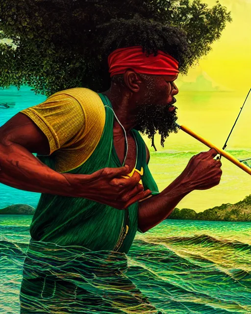 Prompt: Fisherman, Jamaican Male Fisherman, casting fishing rod into the sea, Illustration, Third-Person View, Depth of Field, Colorful with Yellow Green Black Red, insanely detailed and intricate, hypermaximalist, jamaican vibe, hyper realistic, super detailed, by Charlie Bowater, by Karol Bak