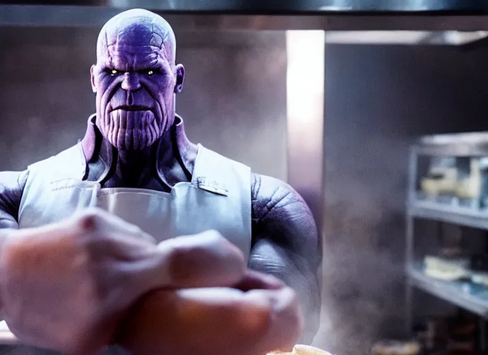 Image similar to film still of thanos working as a pastry chef in the new avengers movie, 4 k